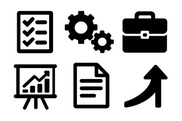 Bold Business Icons. Business execution silhouette icon set: checklist, gears, briefcase, chart board, document, upward arrow.