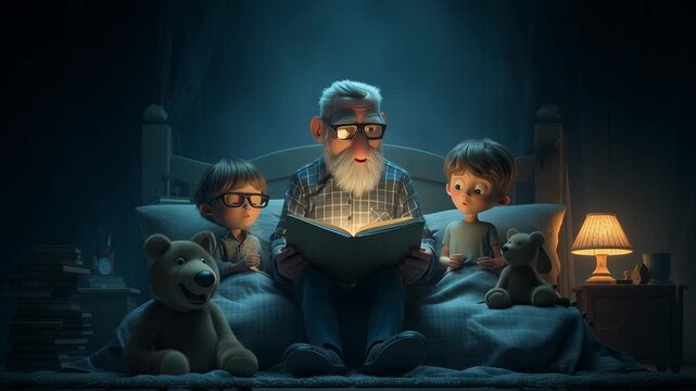 Grandfather reading a story to two children in a cozy bedroom, illuminated by warm light, capturing joyful expressions, camera pans to reveal scene dynamics