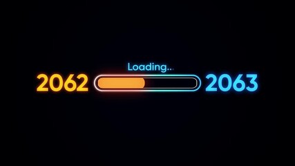 Loading bar transitioning from year 2062 to 2063 with neon glow progress bar