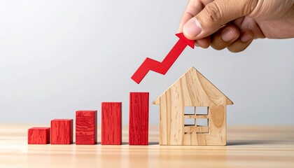 Real estate market growth visualized with wooden house and increasing graph arrow