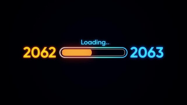 Loading bar transitioning from year 2062 to 2063 with neon glow progress bar