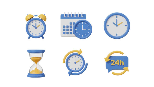 Vector illustration of collection of time icons including alarm clock, calendar, hourglass, and clock