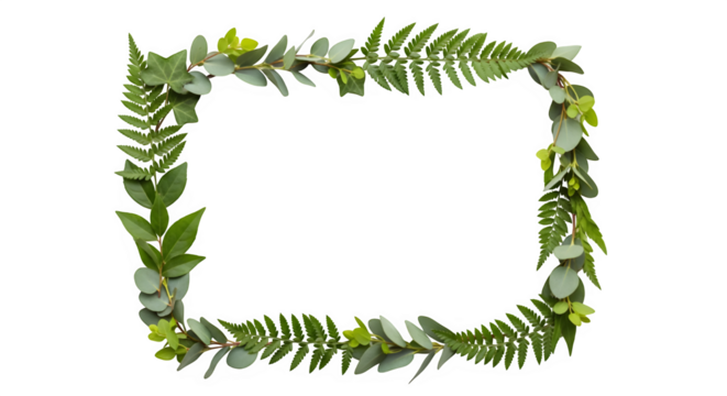 Decorative frame made of green fern and eucalyptus leaves, the natural foliage creates a fresh and organic border, perfect for invitations, cards, or graphic designs