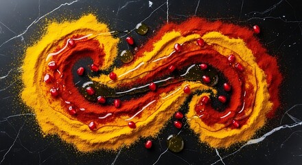 abstract composition of swirling turmeric and paprika powders on a black marble surface