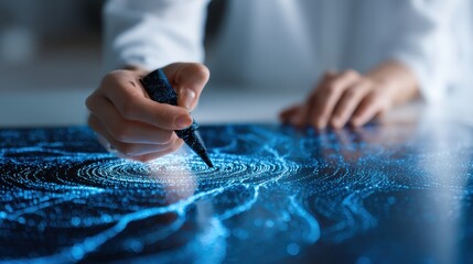 Creative Woman Uses Digital Pen on Tablet to Design Innovative Art in Modern Workspace