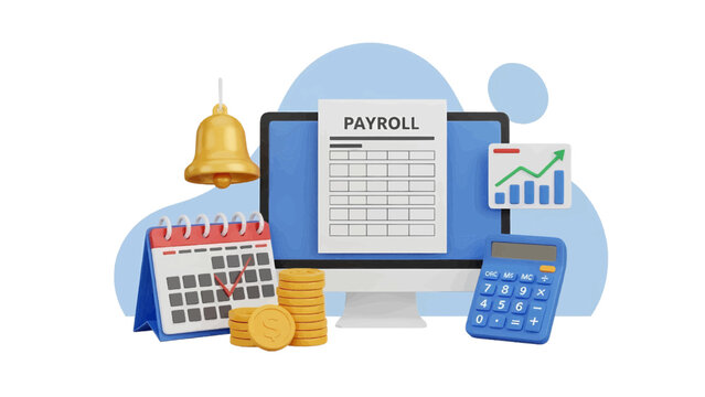 Vector illustration&nbsp;of payroll calculation with calendar, calculator, coins, and bell
