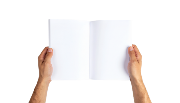 hands holding an open blank book or brochure for mockup on transparent background, png