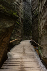 Unusual rock formations. A narrow passageway between rocks. Slot canyon. National Nature Reserve Adrspach-Teplice Rocks.Bohemia region, Czech Republic