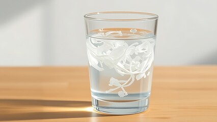 psyllium. A glass of water with psyllium husk fibers creating organic swirls, lit from the side on a wooden table. bar promotions, beverage menus, designed for product packaging and bar promotions.