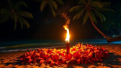 cryptogram. Tropical flowers and a flickering torch on a night beach. lifestyle magazines, social media lookbooks, designed for influencer and brand collaborations, drives engagement.