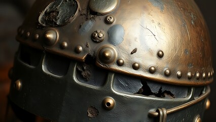 passphrase. Damaged Viking helmet with battle scars and dents, metallic texture. event programs, museum guides, designed for cultural heritage projects and event programs.