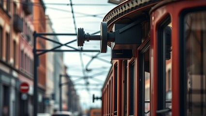 pantograph. Close-up of a pantograph contacting overhead wires on a vintage tram. mobility guides, transit brochures, designed for transport & logistics marketing, used by photographers.