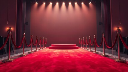tunicle. Empty award podium on red carpet with velvet ropes, ceremonial space with soft lighting. event programs, museum guides, designed for cultural heritage projects and event programs.