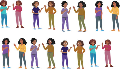 Two smiling women talking and greeting each other, friendly communication between friends, casual conversation illustration with cheerful expressions and gestures