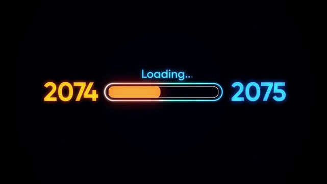 Loading bar from year 2074 to 2075 with neon glow progress