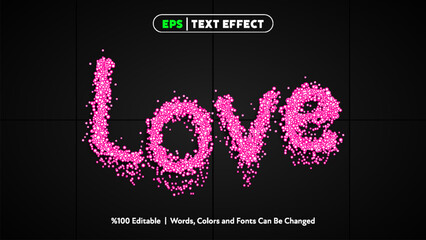 Love text effect with pink particles on dark background for romantic and affectionate designs vector editable style
