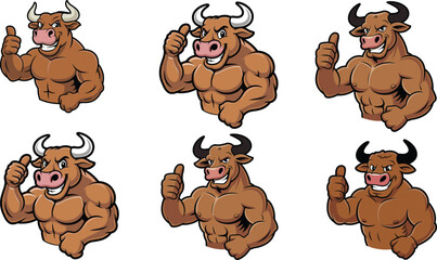 Strong muscular bull cartoon mascot showing thumbs up, powerful animal character illustration symbolizing strength, confidence, motivation and determination