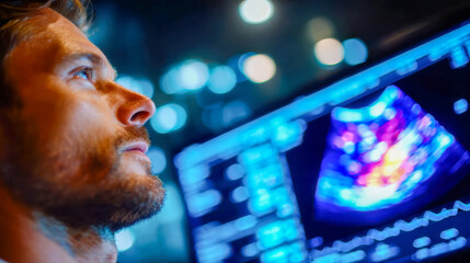 Focused medical professional examining bright ultrasound scan on a digital monitor