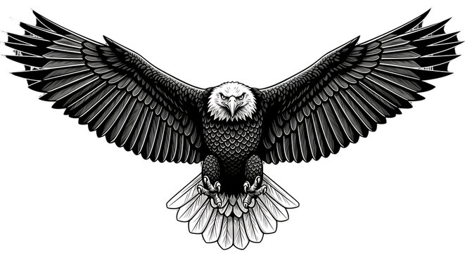 Majestic bald eagle with wings spread wide in a powerful display isolated on white background