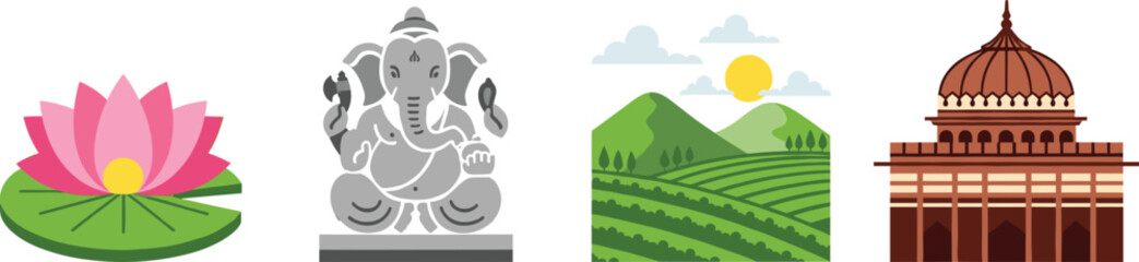 Fototapeta premium Colorful Indian culture vector illustration showing lotus flower, Ganesha statue, green tea hills landscape, and traditional architecture for travel design.