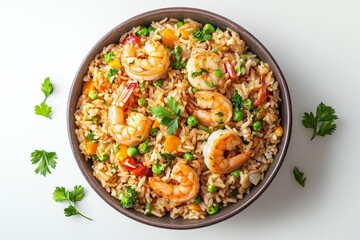 Shrimp fried rice with vegetables served in a bowl, showcasing vibrant colors and fresh ingredients, ideal for a quick meal or satisfying dish