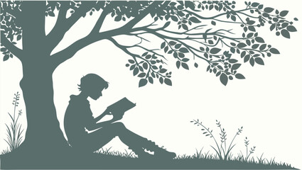 Silhouette of a person reading a book under the shade of a large leafy tree outdoors