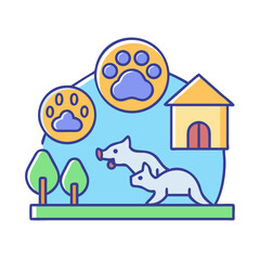 Flat illustration of pets' playground with animals and tree