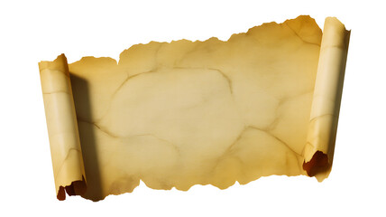 Old rolled parchment scroll with torn edges isolated on transparent background