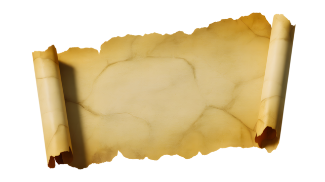Old rolled parchment scroll with torn edges isolated on transparent background
