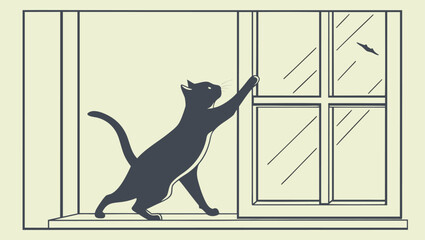 Silhouette of a black cat reaching up to scratch a window pane with a small insect outside