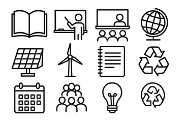Smart Energy Education. Educational Smart Energy linear icon set: open book, chalkboard, teacher icon, classroom, globe, student group, solar panel, wind turbine, notebook,