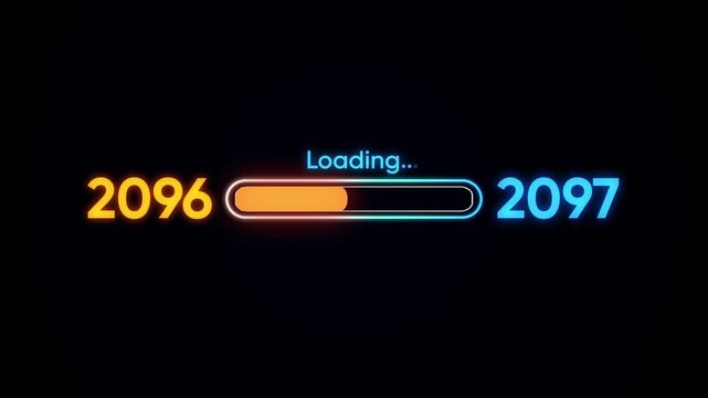 Loading bar shows transition from year 2096 to 2097 with neon lights progress bar future