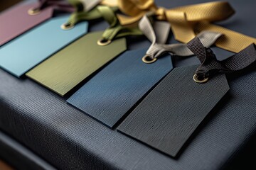 Colorful fabric tags with ribbons arranged on textured background, close-up of design elements