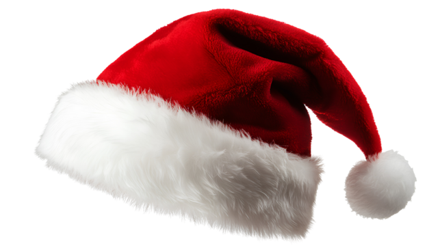 Classic Santa Hat: Cozy Red Velvet Cap with Soft White Fur Trim Isolated on Transparent Backdrop