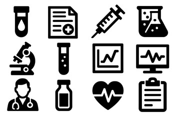 Brutalist Medical Icons. Medical Testing silhouette icon set: blood sample, lab report, syringe, beaker, microscope, test tube, chart, computer screen, doctor, vial, heart pulse,