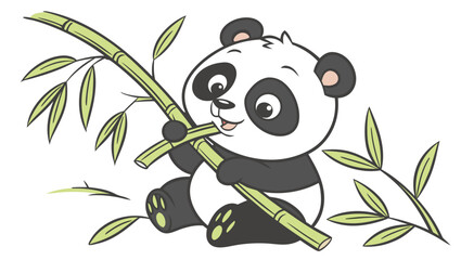 Adorable cartoon baby panda sitting and eating a green bamboo stalk with leaves