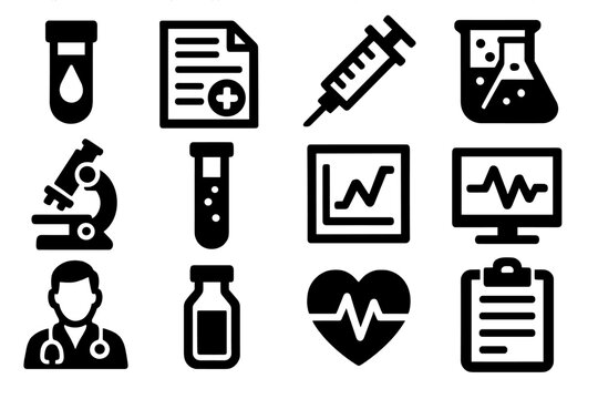 Brutalist Medical Icons. Medical Testing silhouette icon set: blood sample, lab report, syringe, beaker, microscope, test tube, chart, computer screen, doctor, vial, heart pulse,