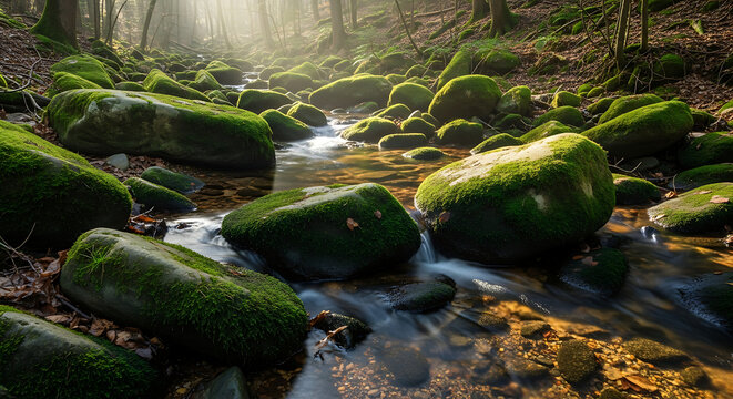 Calm forest stream with mossy stones and soft flowing water - Powered by Adobe
