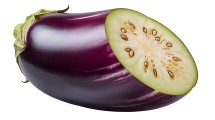 Fresh purple eggplant cut in half isolated on transparent background
