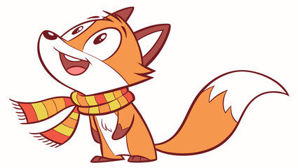 Joyful cartoon fox wearing a striped scarf with a fluffy tail and big eyes