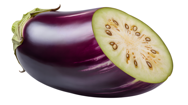 Fresh purple eggplant cut in half isolated on transparent background - Powered by Adobe