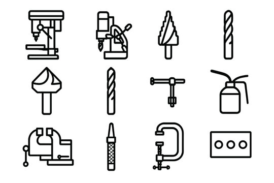Metalworking Tools Icons. Metalworking Drills linear icon set: bench drill, magnetic drill, step bit, twist drill, countersink bit, reamer, chuck key, lubricant can, vise, center