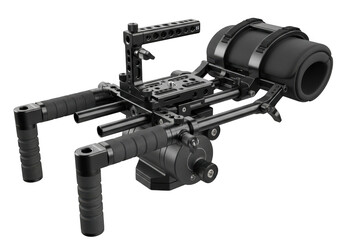 Professional cinema camera rig with dual handles and lens assembly detailed view isolated on transparent background