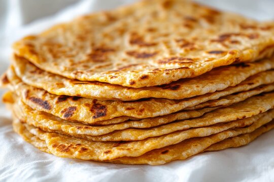 Soft and warm flatbreads stacked neatly on a white cloth, perfect for any meal setting during breakfast or dinner gatherings