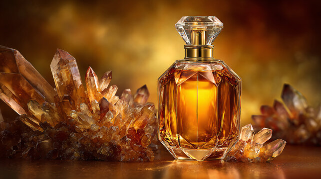 Luxurious amber perfume bottle rests beside sparkling citrine crystals, evoking elegance and allure.