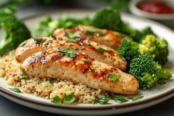 Delicious grilled chicken with quinoa and broccoli served on a plate for a healthy meal during lunchtime