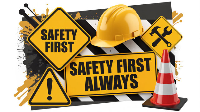 A construction safety themed image featuring signs, a helmet, and a traffic cone over a striped backdrop