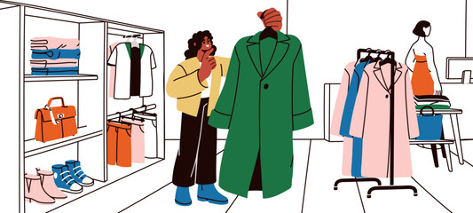 Black woman shopping in clothing store, fashion boutique. Female customer choosing new coat. Happy girl buyer client holding garment in modern retail market, outlet. Flat vector illustration.