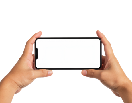hands holding a smartphone horizontally with a blank white screen isolated on transparent background