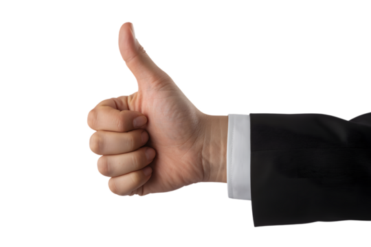 Businessman hand giving thumbs up gesture isolated on transparent background